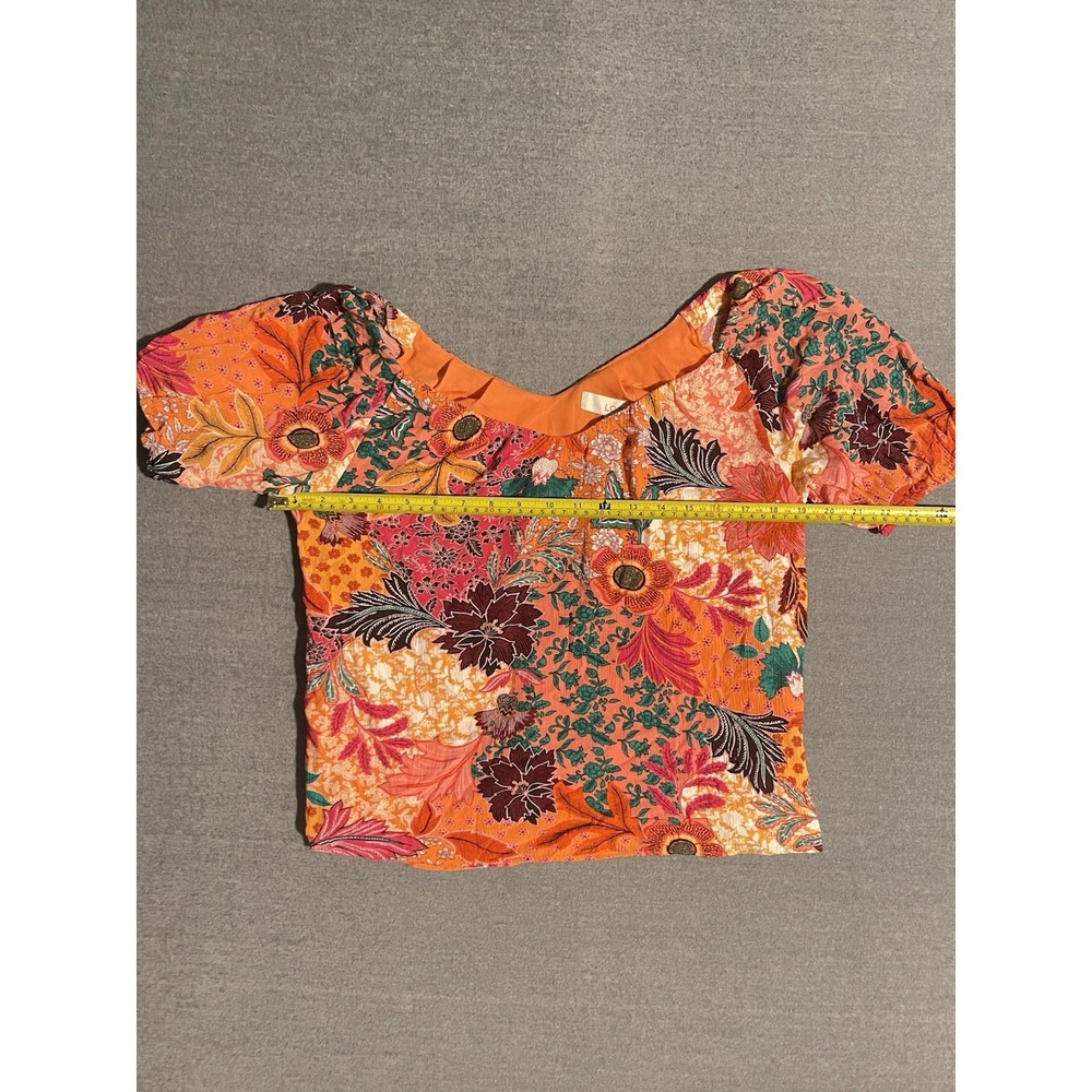 LOFT Petite Floral Puff Sleeve Crop Top XS Petite Orange Boho Cottagecore Blouse